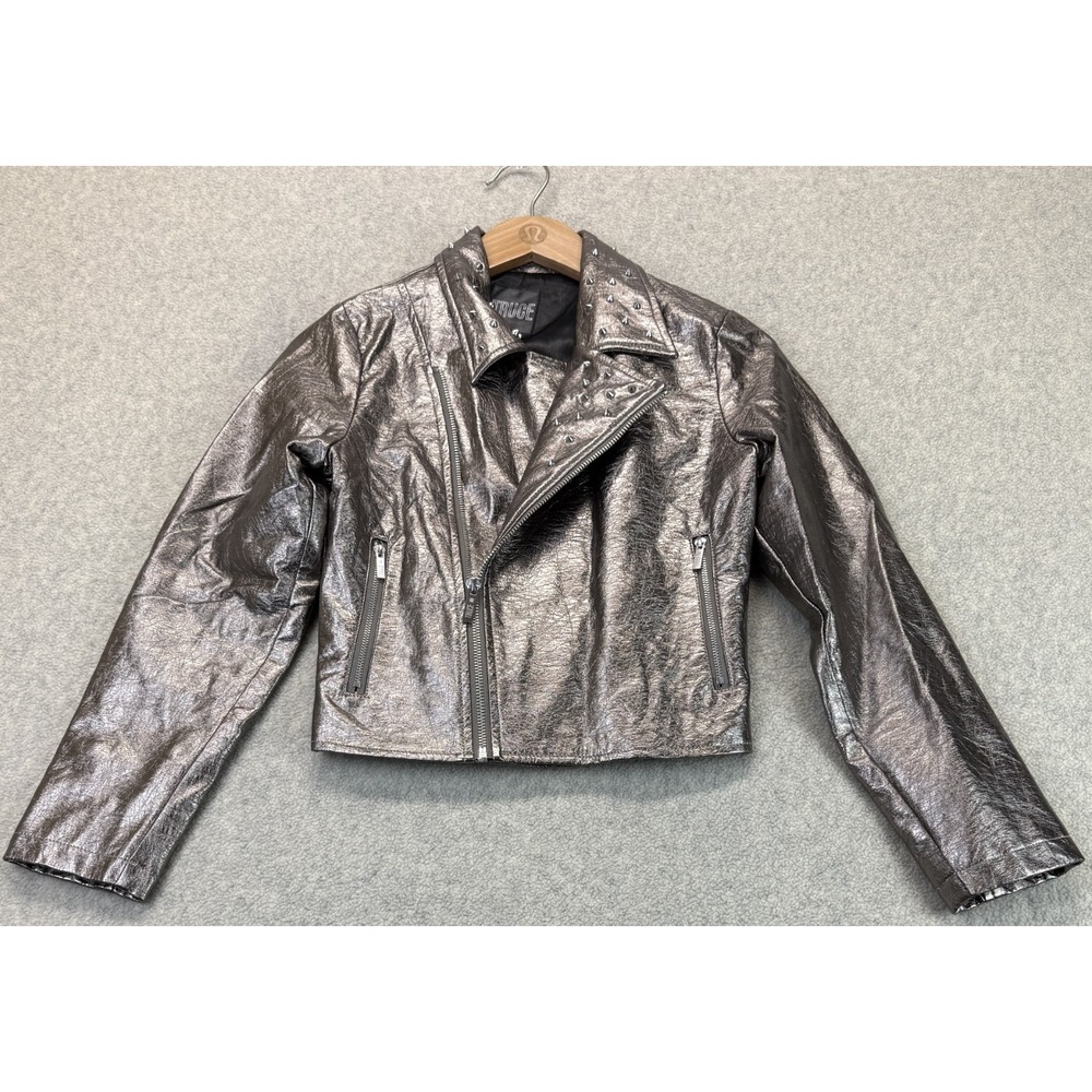Truce Girls Motorcycle Jacket Metallic Pewter Long Sleeve Leather Studded L (14)